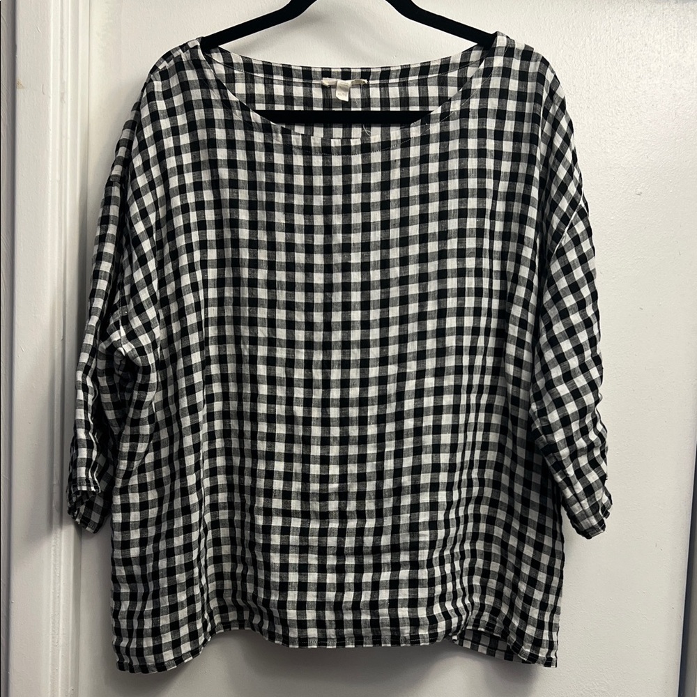 Eileen Fisher Organic Linen Black and White Gingham Top Size XL
